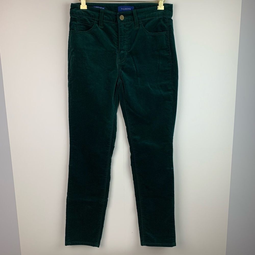 Talbots green velvet velour high-waist straight leg 5 pockets style pants sz 2P